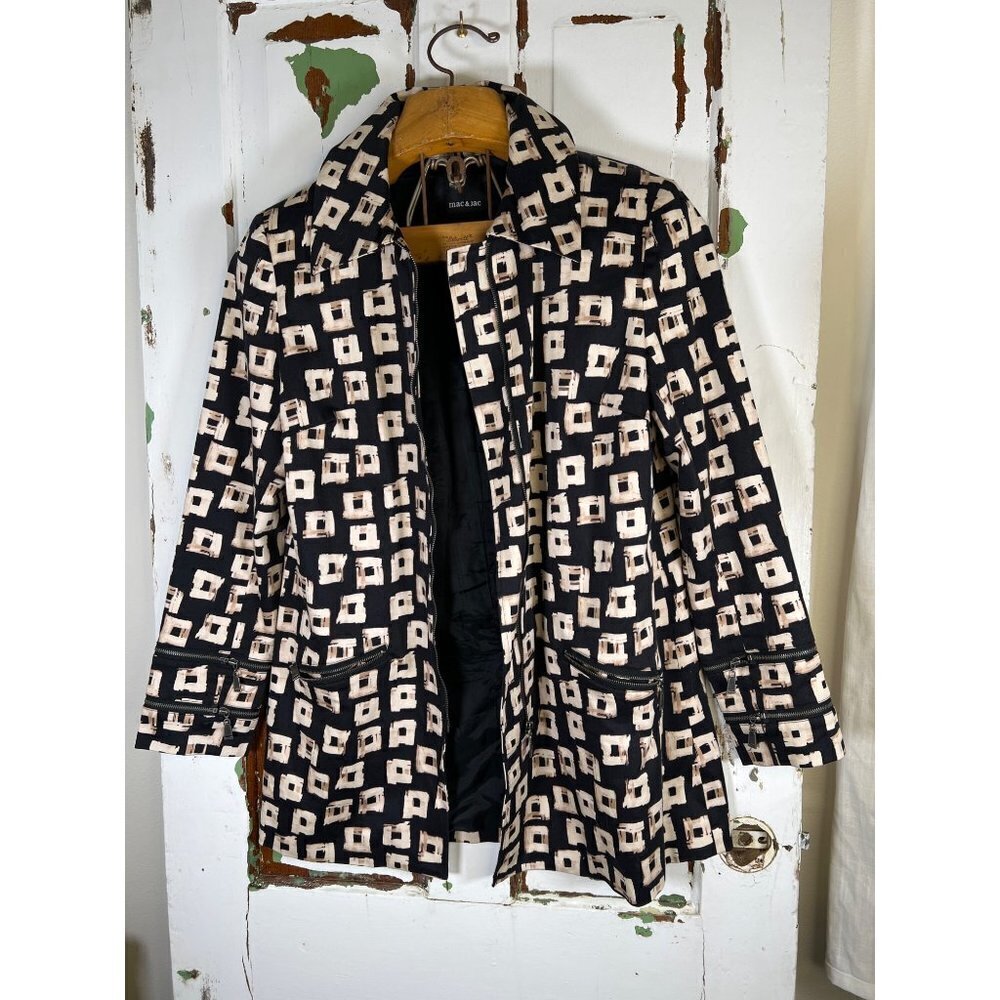 MAC & JAC Mod Zipper Lined Coat/Jacket Black Cream Bold Abstract Print. Cotton S